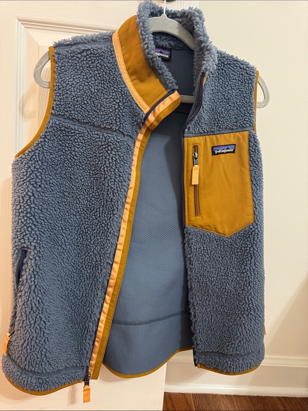Patagonia Blue Fleece Vest with Mustard Trim